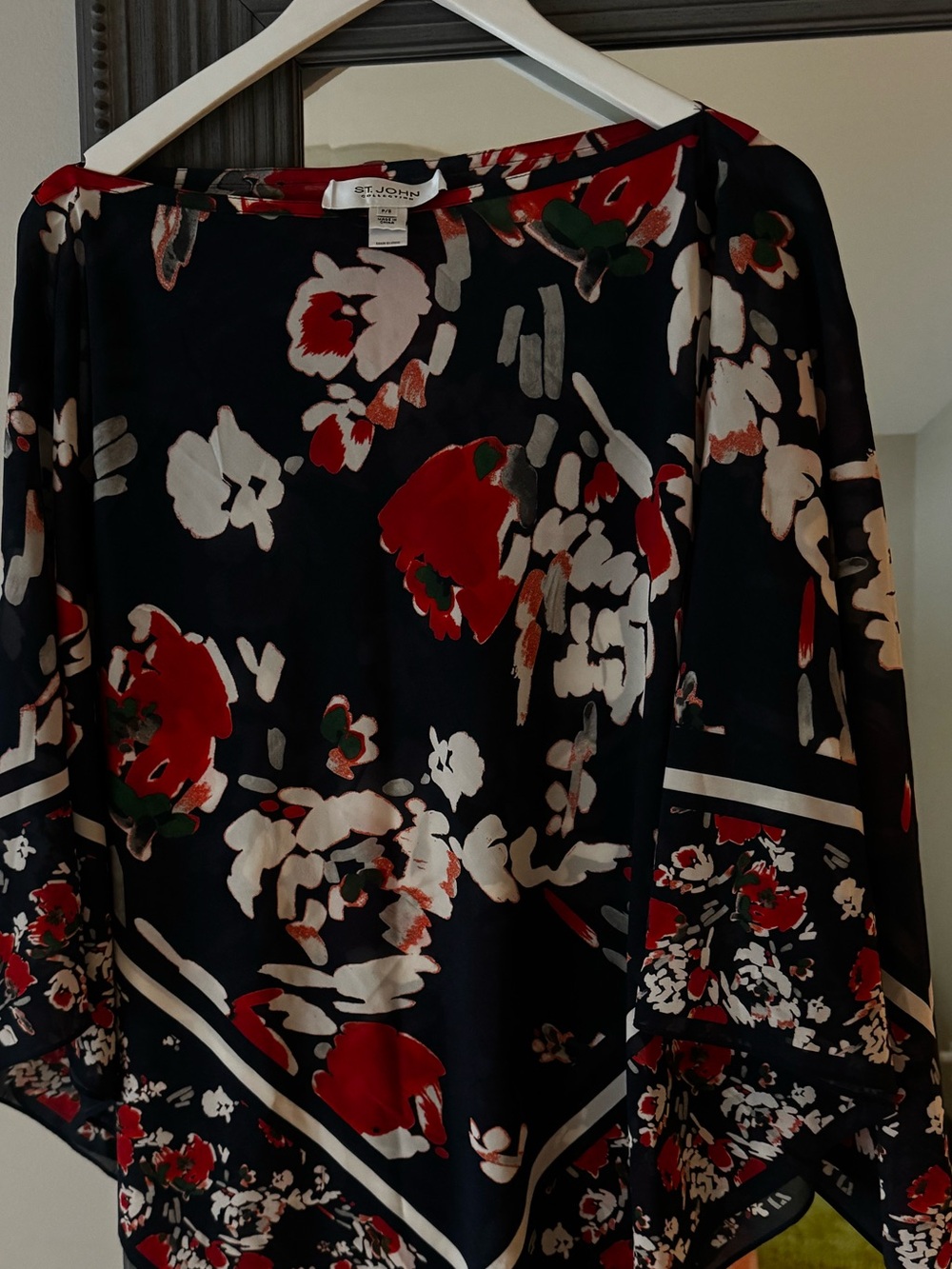 St. John Navy Floral Poncho Top with Red and White Blooms